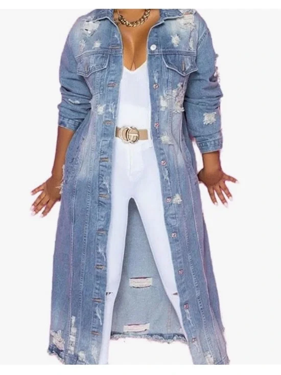Long Distressed Denim Jacket Dress - Light Blue - Picture 1 of 9